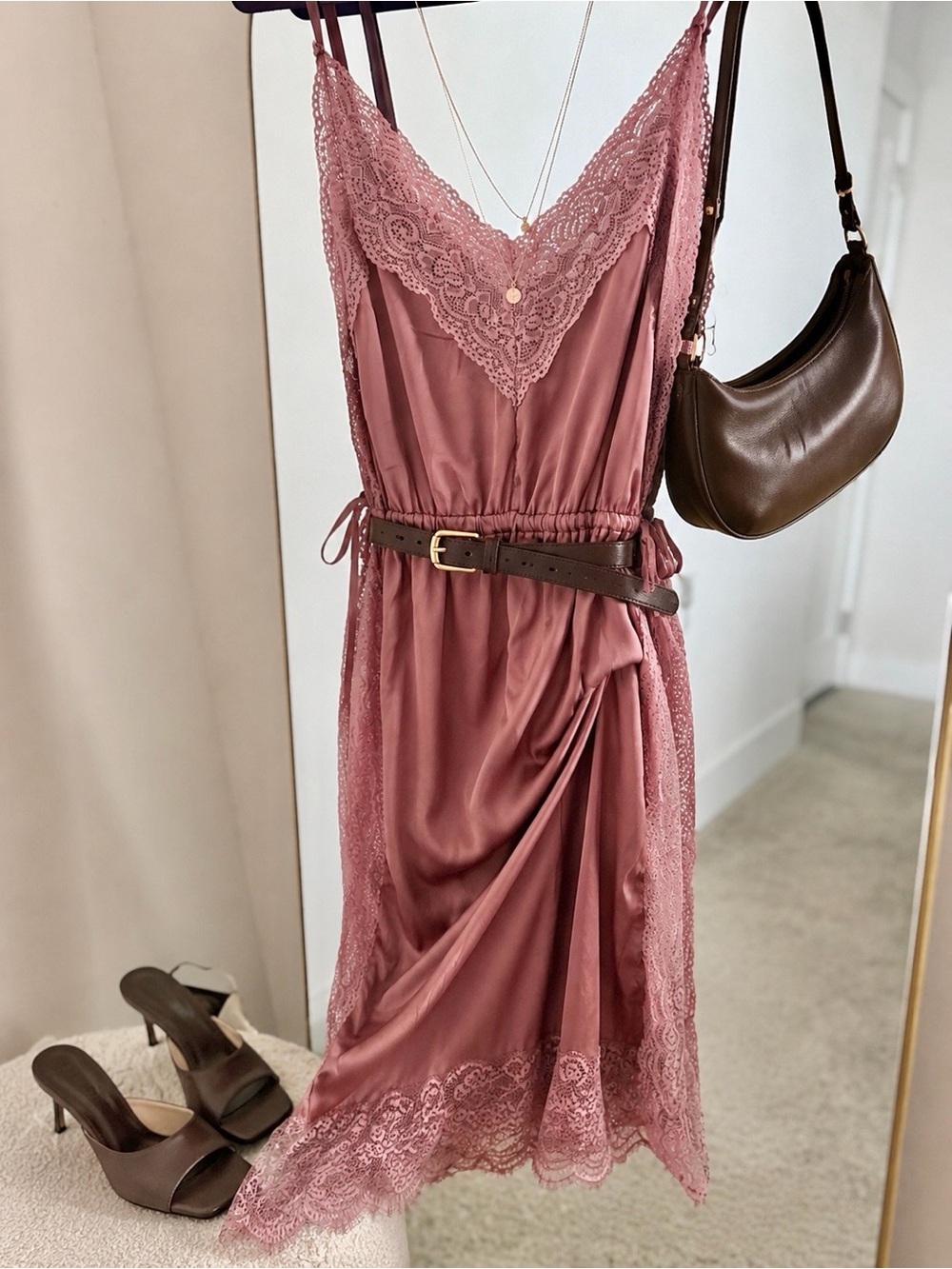 New Lace-Trim Boho Satin Slip Dress in Dusty Rose Mauve